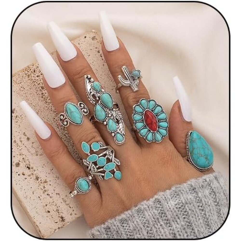 Bohemian Turquoise Stackable Ring Set - Vintage W… - image 1